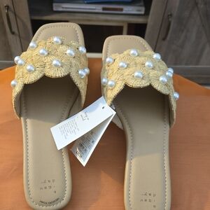 a new day Yellow Pearl-Embellished Straw Slide Sandals